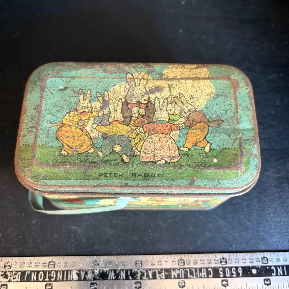 Vintage Eininco Peter Rabbit Lithograph Tin Lunch Box Bunny Nursery Decor Green